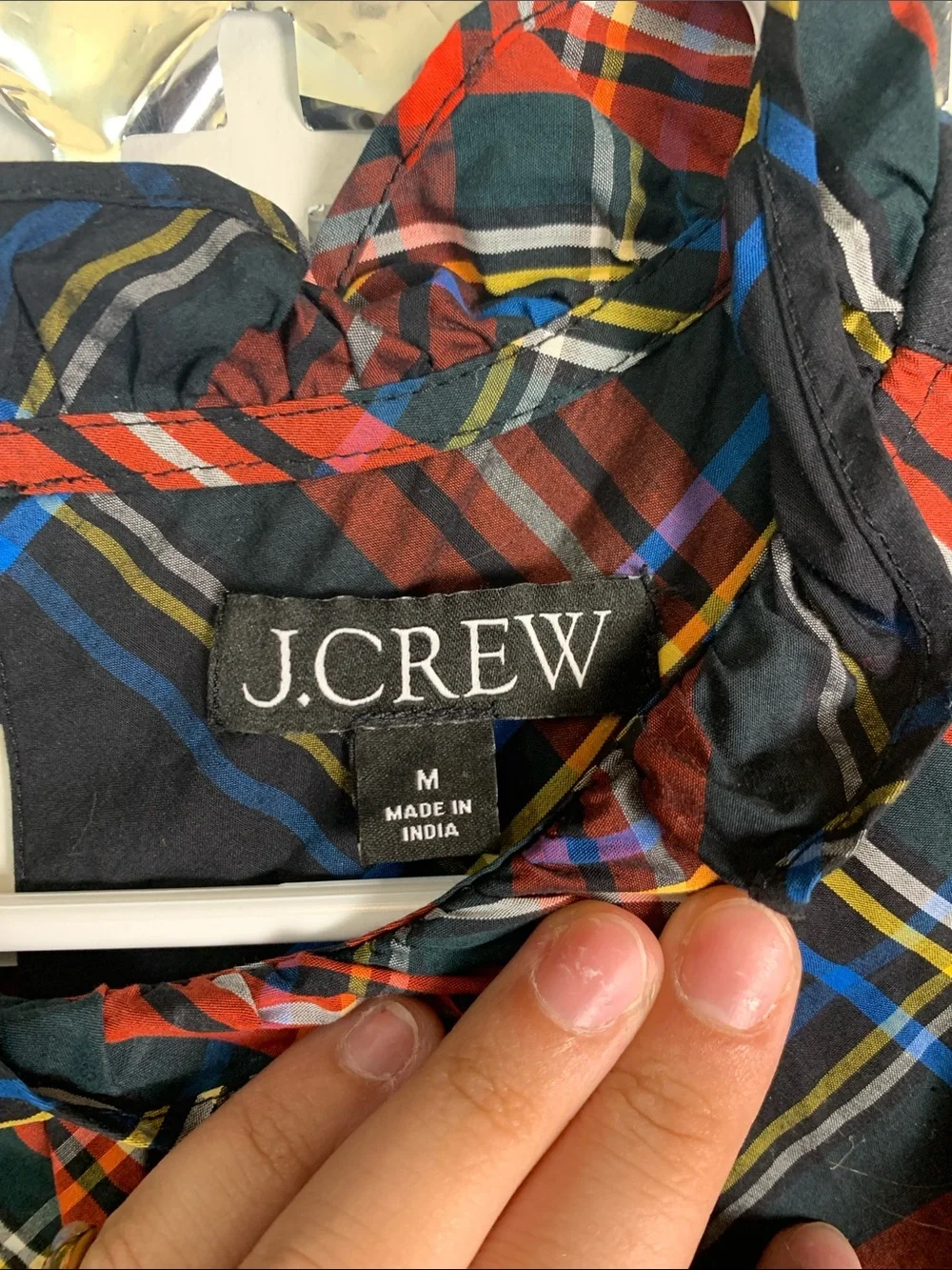 J. Crew Navy Plaid Peasant Blouse with Red and Yellow Accents